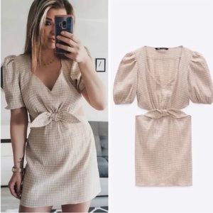 Zara plaid minidress with puff sleeves + waist and back cutouts